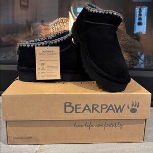 BEARPAW Lana Crochet Detail Cow Suede Ankle Bootie,wool blend lining,pad insole